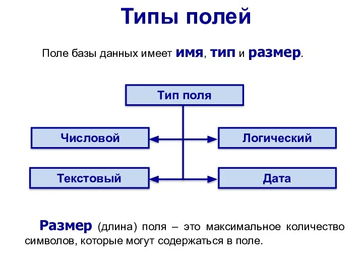 Типы полей Числовой Текстовый Логический Дата Тип поля Размер (длина) поля –