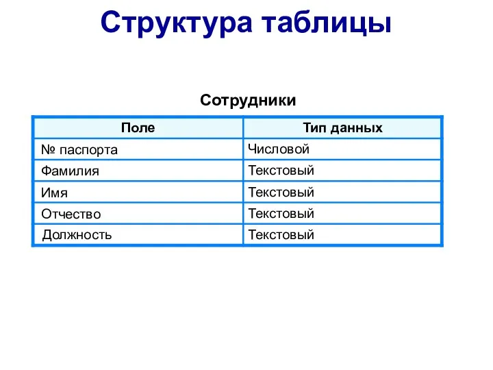 Структура таблицы Сотрудники