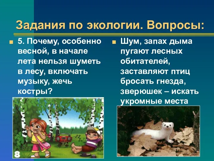 Задания по экологии. Вопросы: 5. Почему, особенно весной, в начале лета нельзя