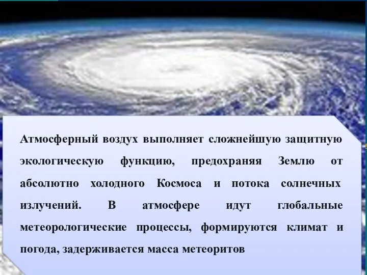 Атмосферный воздух выполняет сложнейшую защитную экологическую функцию, предохраняя Землю от абсолютно холодного