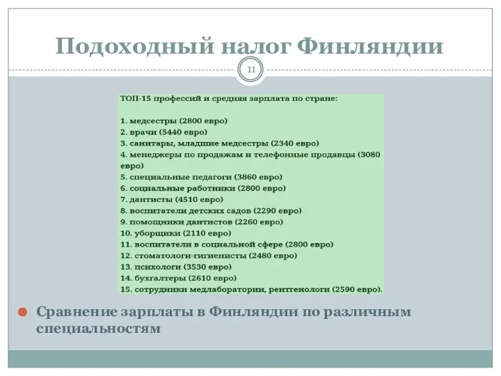 Подоходный налог Финляндии Сравнение зарплаты в Финляндии по различным специальностям