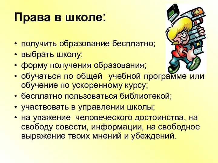 Права в школе: получить образование бесплатно; выбрать школу; форму получения образования; обучаться