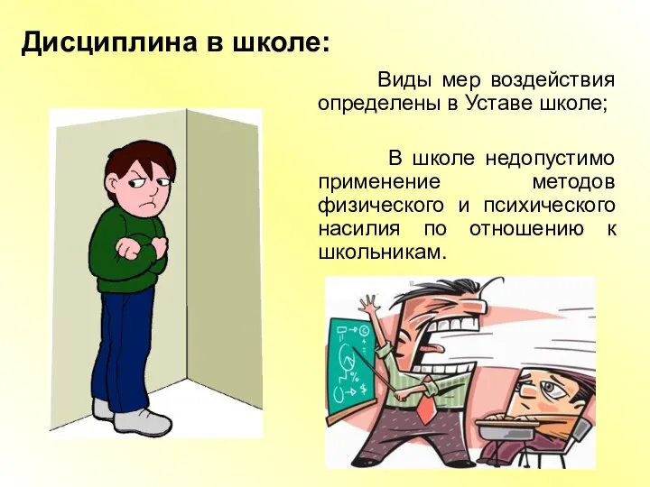 Дисциплина в школе: Виды мер воздействия определены в Уставе школе; В школе