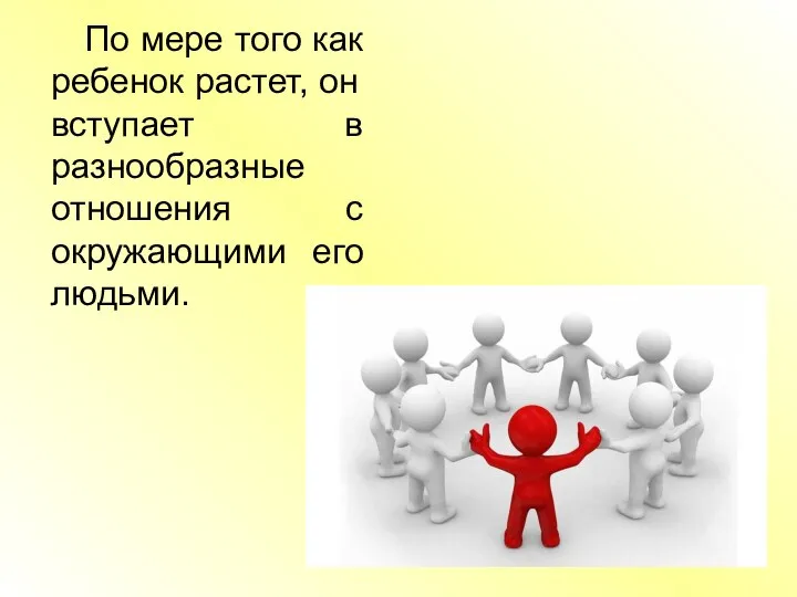 По мере того как ребенок растет, он вступает в разнообразные отношения с окружающими его людьми.