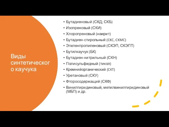 Виды синтетического каучука Бутадиеновый (СКД; СКБ) Изопреновый (СКИ) Хлоропреновый (наирит) Бутадиен-стирольный (CKC,