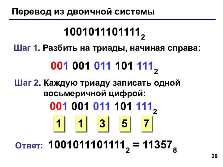 Перевод из двоичной системы 10010111011112 Шаг 1. Разбить на триады, начиная справа: