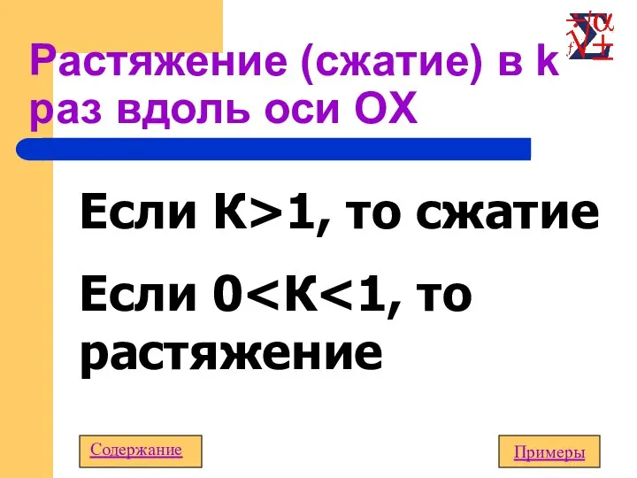 Растяжение (сжатие) в k раз вдоль оси OX Содержание Примеры Если К>1, то сжатие Если 0