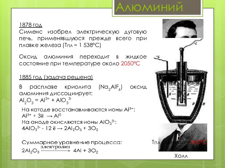 Алюминий 1878 год Сименс изобрел электрическую дуговую печь, применявшуюся прежде всего при
