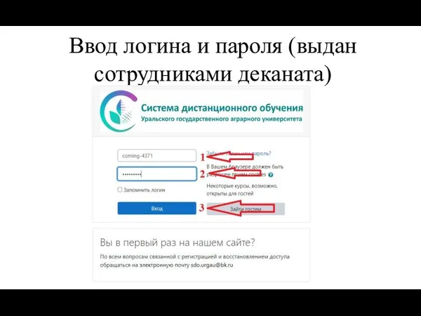 Ввод логина и пароля (выдан сотрудниками деканата)
