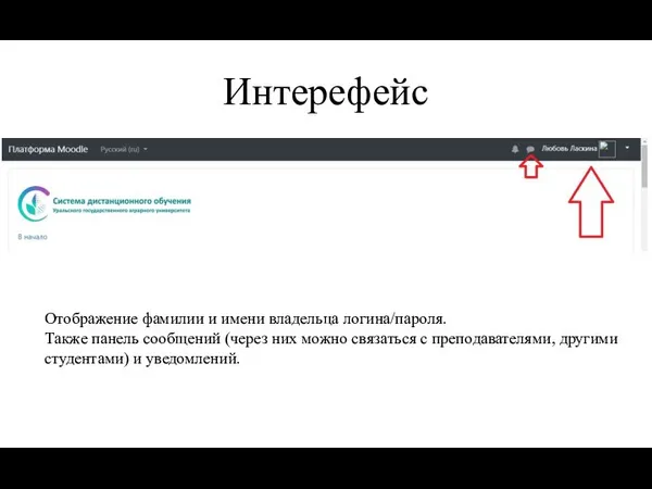 Интерефейс Отображение фамилии и имени владельца логина/пароля. Также панель сообщений (через них