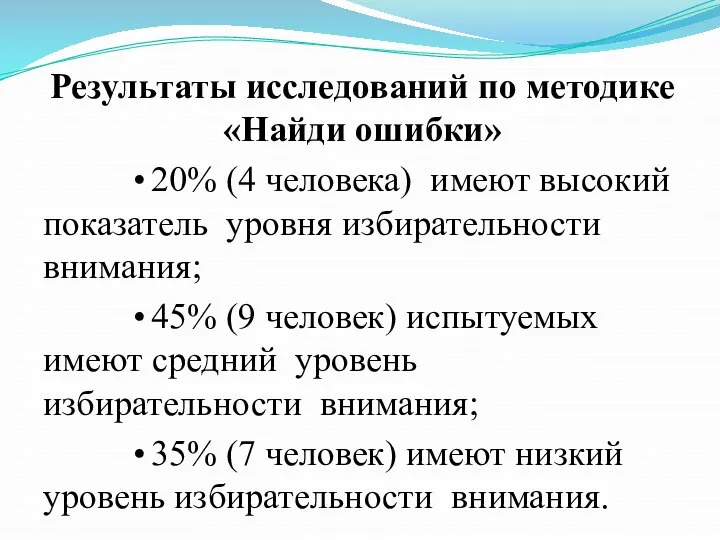 Результаты исследований по методике «Найди ошибки» • 20% (4 человека) имеют высокий