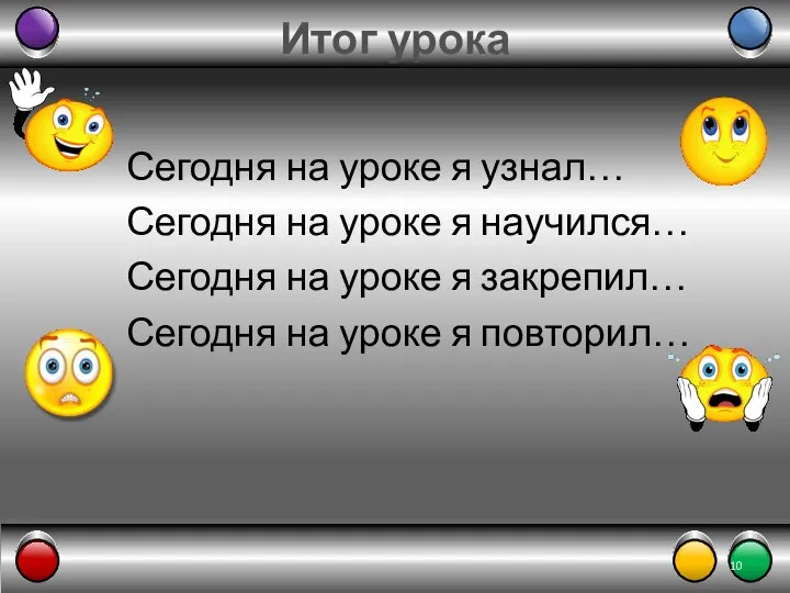 Итог урока Сегодня на уроке я узнал… Сегодня на уроке я научился…