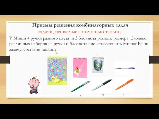 У Миши 4 ручки разного цвета и 3 блокнота разного размера. Сколько