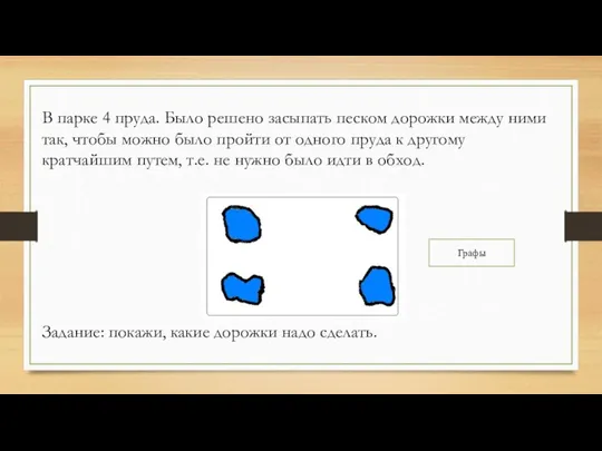 В парке 4 пруда. Было решено засыпать песком дорожки между ними так,