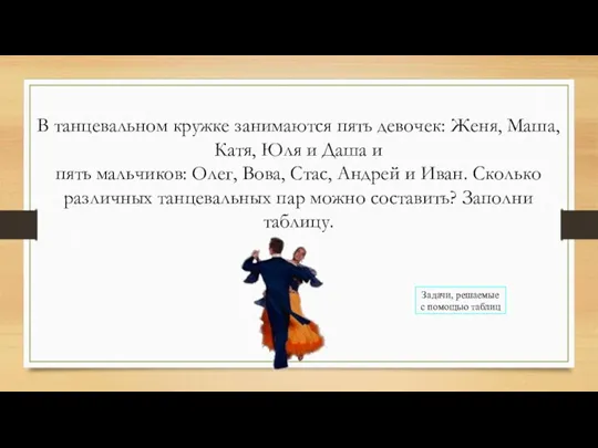 В танцевальном кружке занимаются пять девочек: Женя, Маша, Катя, Юля и Даша