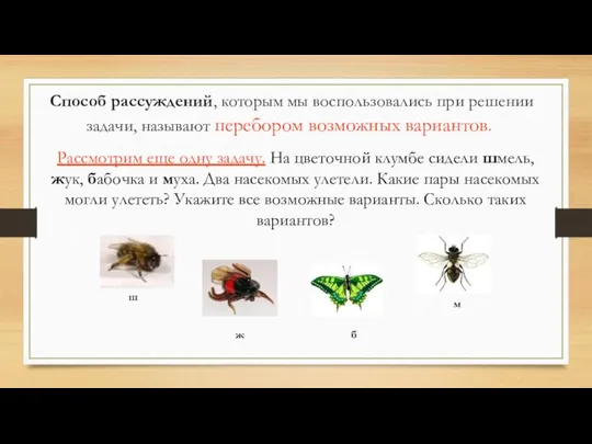 Рассмотрим еще одну задачу. На цветочной клумбе сидели шмель, жук, бабочка и