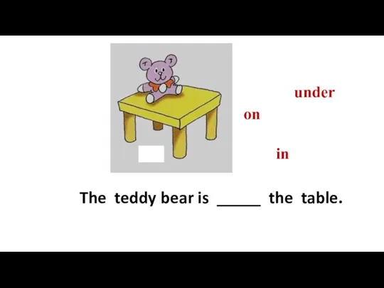 The teddy bear is _____ the table. on in under