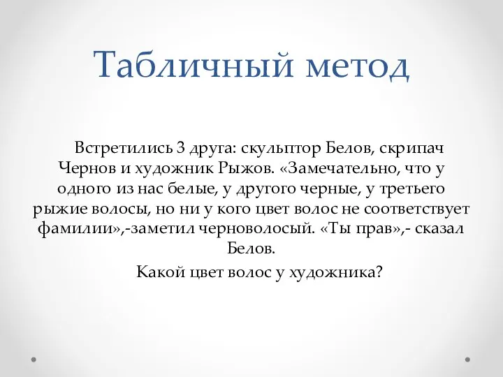 Табличный метод Встретились 3 друга: скульптор Белов, скрипач Чернов и художник Рыжов.