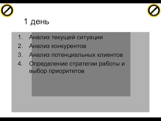 1 день Анализ текущей ситуации Анализ конкурентов Анализ потенциальных клиентов Определение стратегии