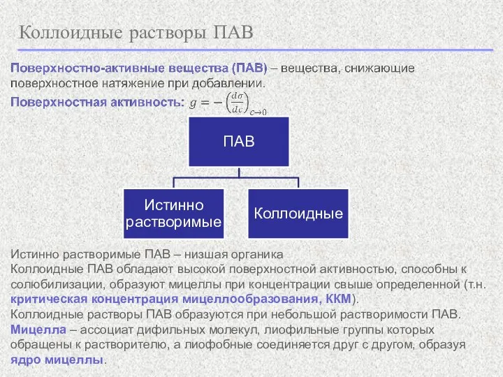 Коллоидные растворы ПАВ Истинно растворимые ПАВ – низшая органика Коллоидные ПАВ обладают