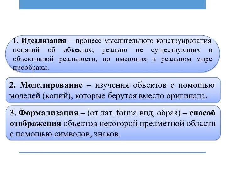 1. Идеализация – процесс мыслительного конструирования понятий об объектах, реально не существующих