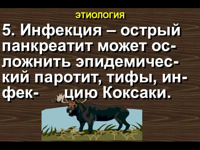 ЭТИОЛОГИЯ 5. Инфекция – острый панкреатит может ос-ложнить эпидемичес-кий паротит, тифы, ин-фек- цию Коксаки.