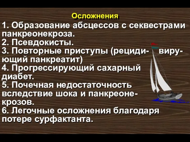 Осложнения 1. Образование абсцессов с секвестрами панкреонекроза. 2. Псевдокисты. 3. Повторные приступы