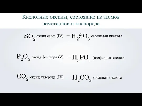 Кислотные оксиды, состоящие из атомов неметаллов и кислорода SO2 оксид серы (IV)