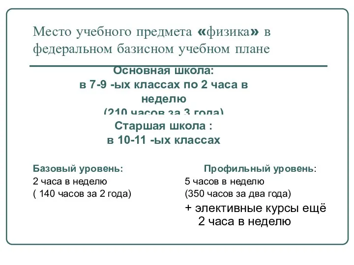 Место учебного предмета «физика» в федеральном базисном учебном плане Базовый уровень: 2