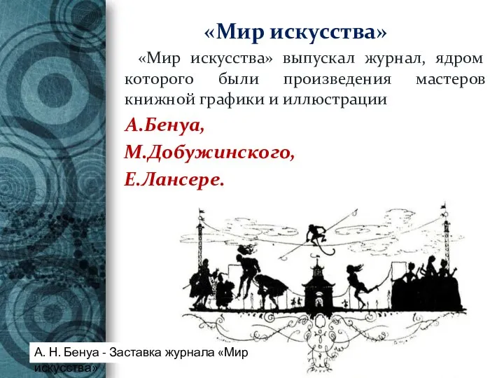 «Мир искусства» «Мир искусства» выпускал журнал, ядром которого были произведения мастеров книжной