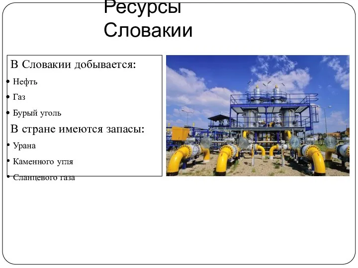 Ресурсы Словакии В Словакии добывается: Нефть Газ Бурый уголь В стране имеются