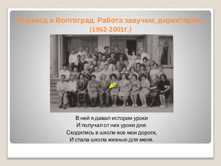 Переезд в Волгоград. Работа завучем, директором. (1962-2001г.) В ней я давал истории
