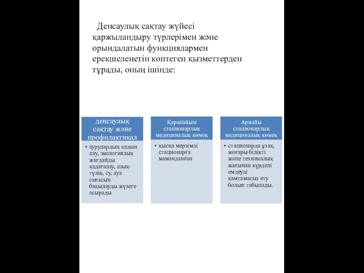 Денсаулық сақтау жүйесі қаржыландыру түрлерімен және орындалатын функциялармен ерекшеленетін көптеген қызметтерден тұрады, оның ішінде: