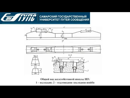 Общий вид железобетонной шпалы Ш3: 1 – вкладыш; 2 – седловидная закладная шайба