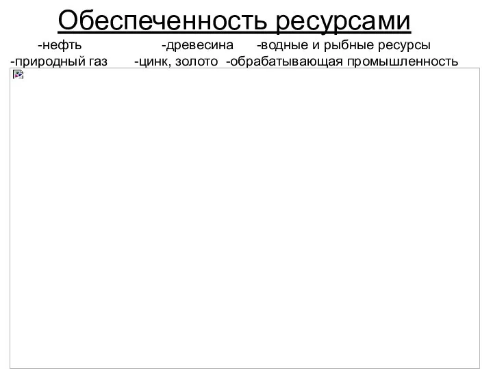 Обеспеченность ресурсами -нефть -древесина -водные и рыбные ресурсы -природный газ -цинк, золото -обрабатывающая промышленность