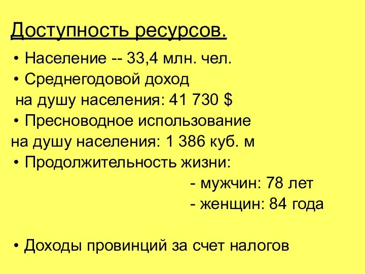 Доступность ресурсов. Население -- 33,4 млн. чел. Среднегодовой доход на душу населения: