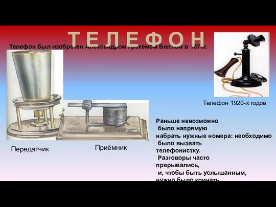 Телефон был изобретен Александром Грэхемом Беллом в 1876г. Раньше невозможно было напрямую