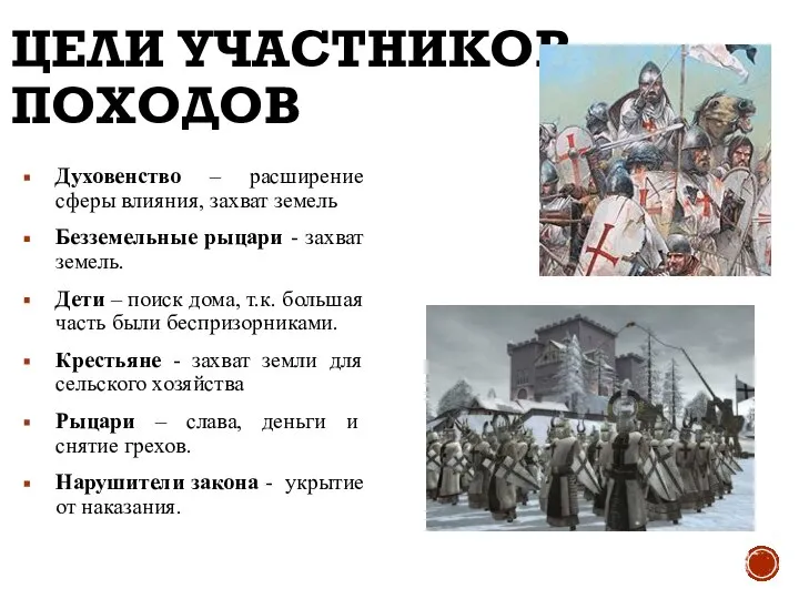 ЦЕЛИ УЧАСТНИКОВ ПОХОДОВ Духовенство – расширение сферы влияния, захват земель Безземельные рыцари