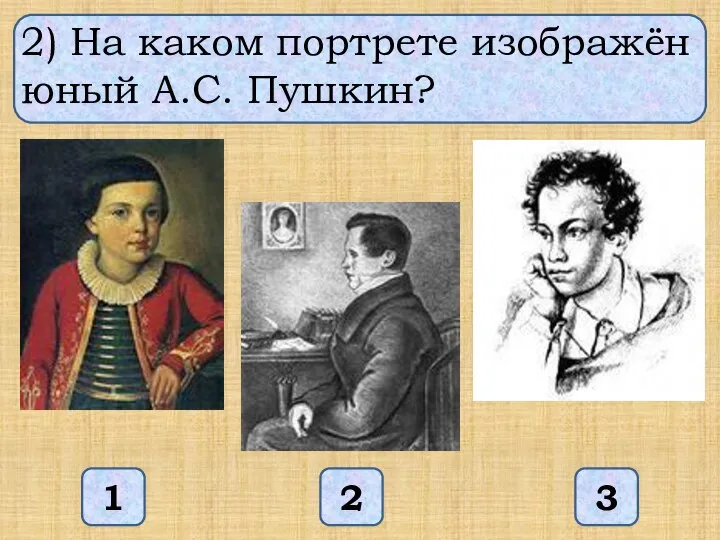 2) На каком портрете изображён юный А.С. Пушкин? 1 3 2