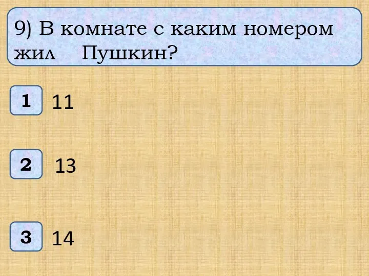 9) В комнате с каким номером жил Пушкин? 1 3 2 14 11 13