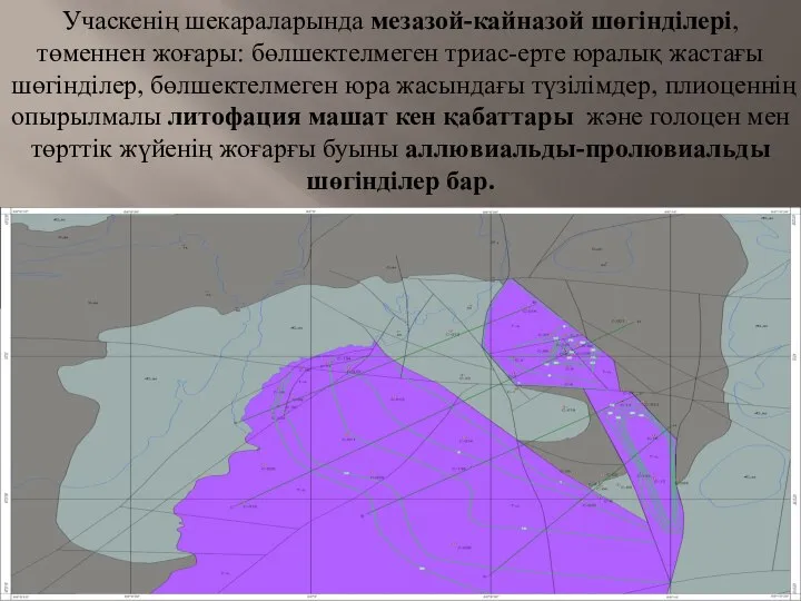 Учаскенің шекараларында мезазой-кайназой шөгінділері, төменнен жоғары: бөлшектелмеген триас-ерте юралық жастағы шөгінділер, бөлшектелмеген