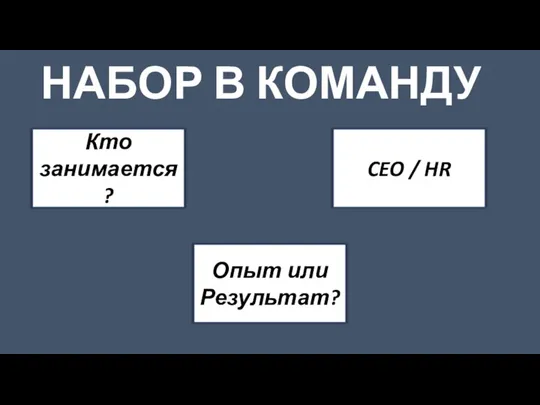 НАБОР В КОМАНДУ Кто занимается? CEO / HR Опыт или Результат?