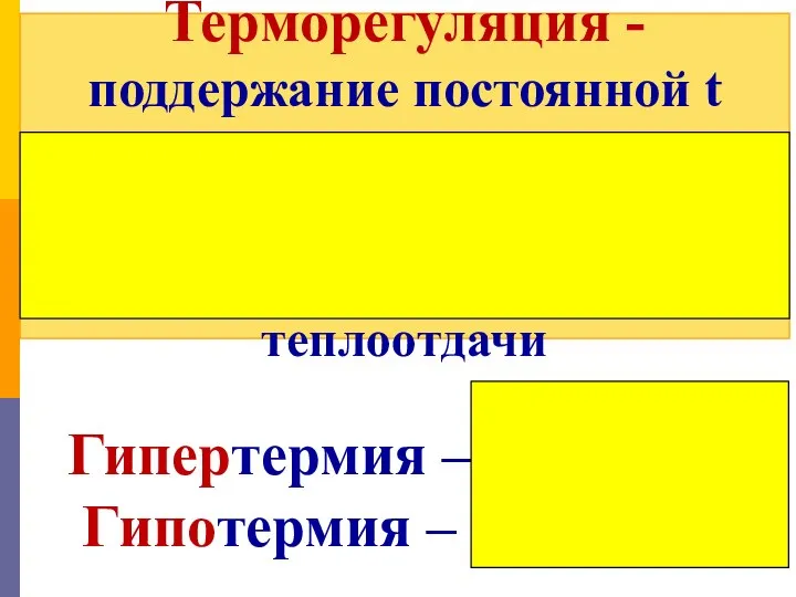 Терморегуляция - поддержание постоянной t тела; уравновешивание процессов теплообразования и теплоотдачи Гипертермия