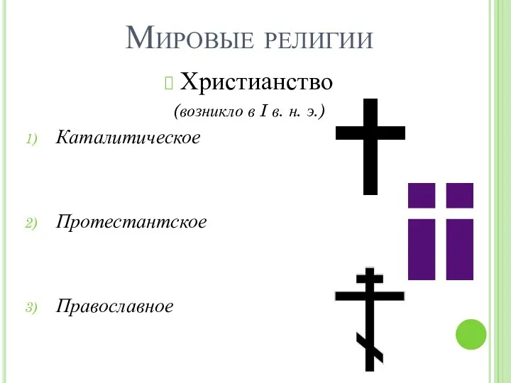 Мировые религии Христианство (возникло в I в. н. э.) Каталитическое Протестантское Православное
