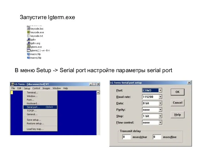 Запустите lgterm.exe В меню Setup -> Serial port настройте параметры serial port