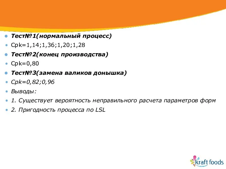 Тест№1(нормальный процесс) Cpk=1,14;1,36;1,20;1,28 Тест№2(конец производства) Cpk=0,80 Tест№3(замена валиков донышка) Cpk=0,82;0,96 Выводы: 1.