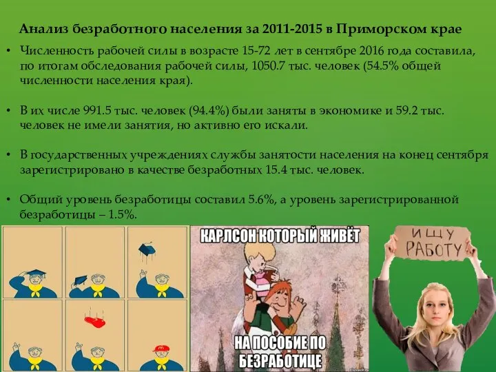 Анализ безработного населения за 2011-2015 в Приморском крае Численность рабочей силы в