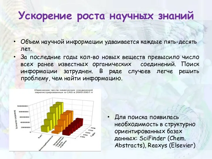 Ускорение роста научных знаний Объем научной информации удваивается каждые пять-десять лет. За