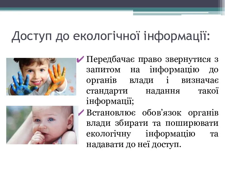 Доступ до екологічної інформації: Передбачає право звернутися з запитом на інформацію до