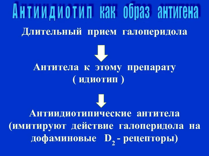 Длительный прием галоперидола Антитела к этому препарату ( идиотип ) Антиидиотипические антитела